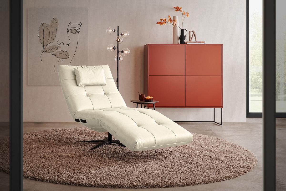 RELAXLIEGE LETICIA Weiß Leder Drehbar (360°), Relaxfunktion - Schwarz/Weiß, Leder/Metall (82/115/156cm) - KAWOLA