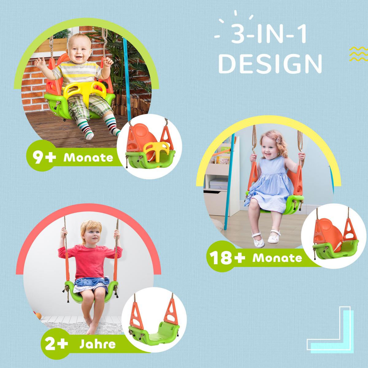 3-IN-1 Babyschaukel, Kinderschaukel mit verstellbarem Seil, Schaukelsitz, Grün - Multicolor, Kunststoff (34/48cm) - Outsunny