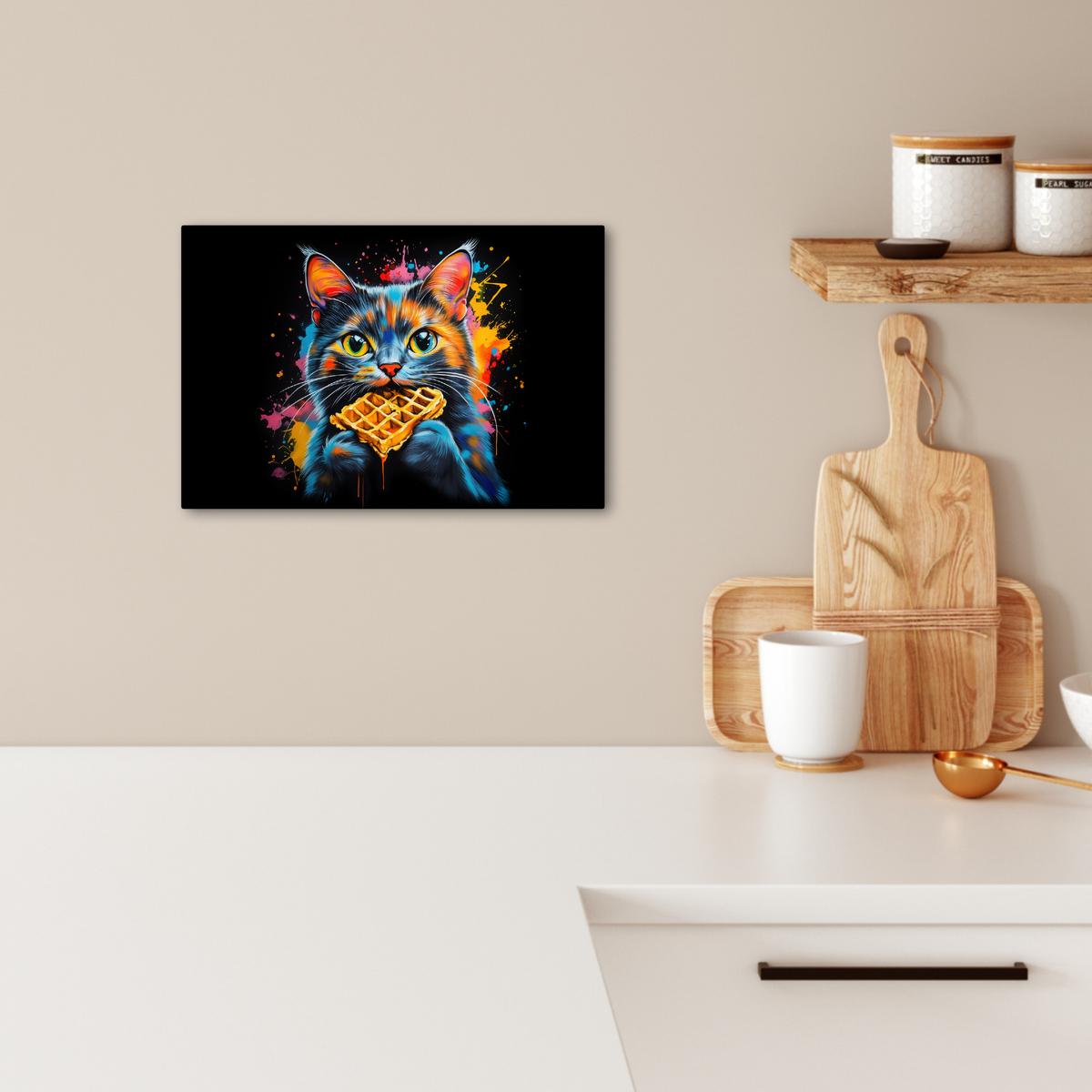 LEINWANDBILD Katze - Graffiti - Bunt - Waffel - Essen Deko Schlafzimmer 30x20 cm - Türkis, Textil (30/20cm) - MuchoWow