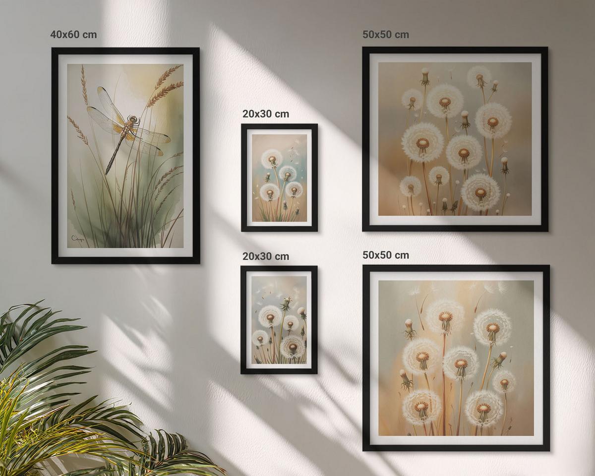 BILDER SET 5er Set - 50x50 cm & 20x30 cm & 40x60 cm Schwarzer Rahmen - Weiße Löwenzahnblüten auf hellem Hintergrund - Schwarz, Kunststoff (40/60cm) - TULUP