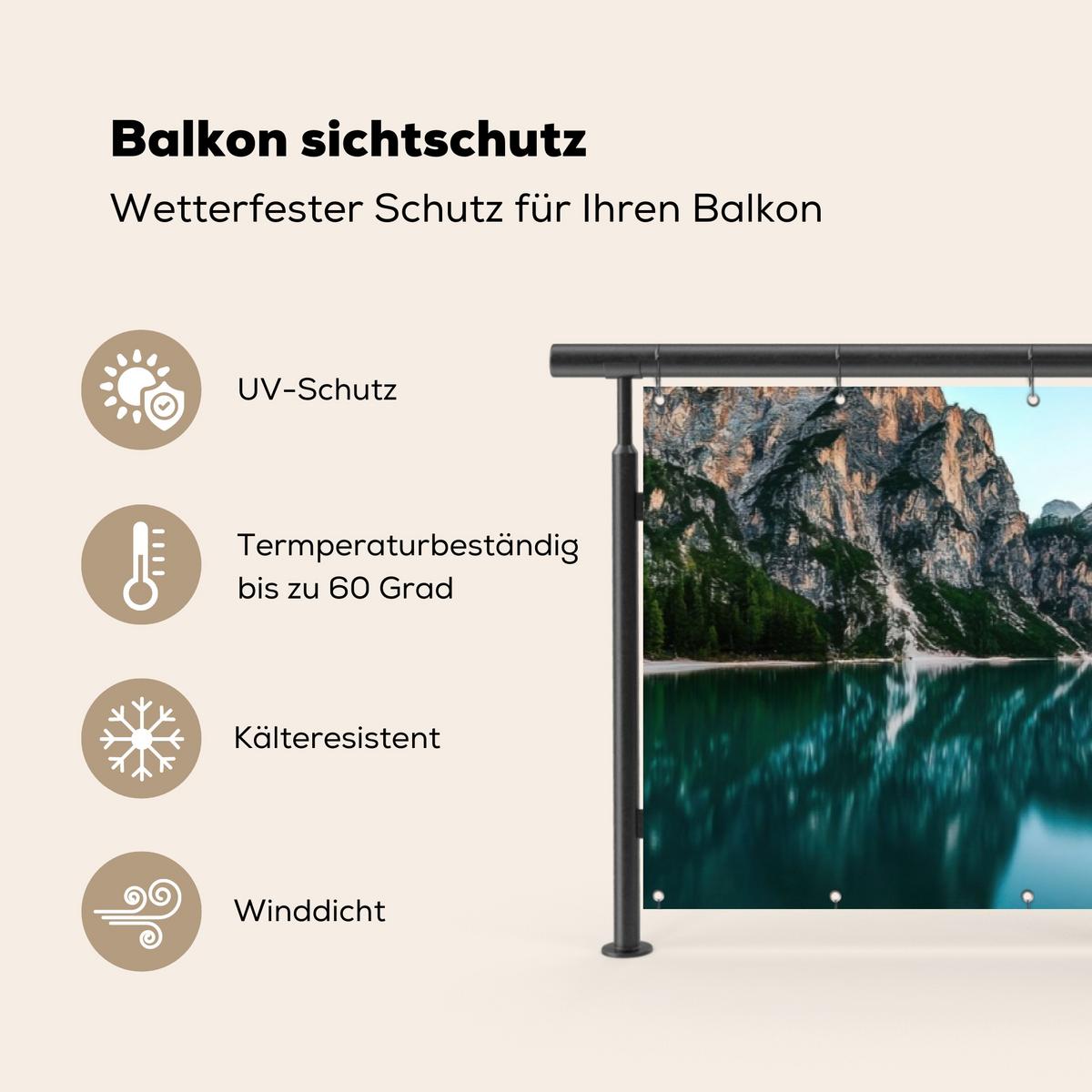 BALKON-SICHTSCHUTZ See - Berge - Sonnenuntergang - Boot Witterungsbeständig 300x80 cm - Petrol, Kunststoff (300/80cm) - MuchoWow
