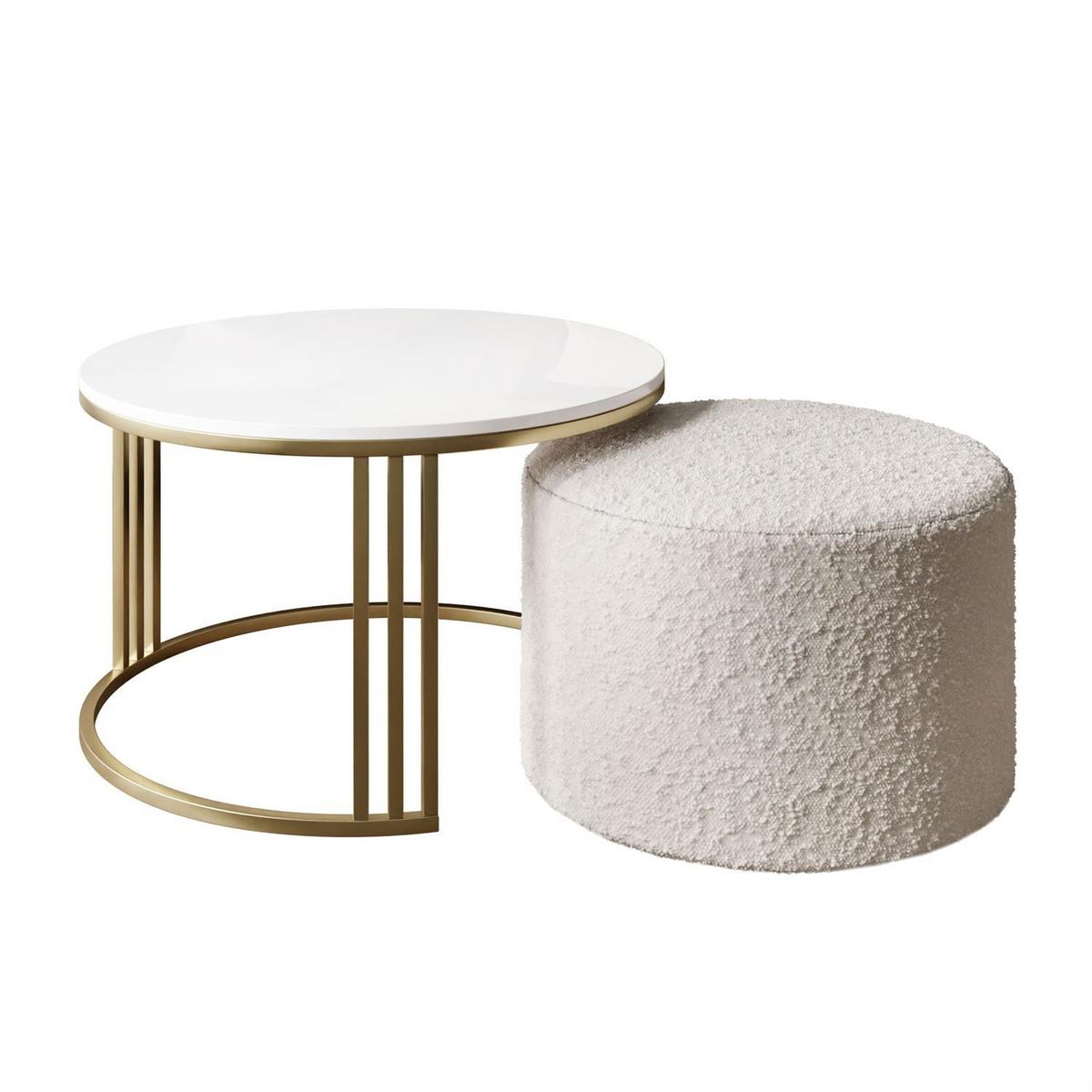 COUCHTISCH mit Hocker LORI Hochglanz gebürstetes Gold/weißer Glanz/Coral 65 - Weiß, Metall (70/70/49cm) - Lookway