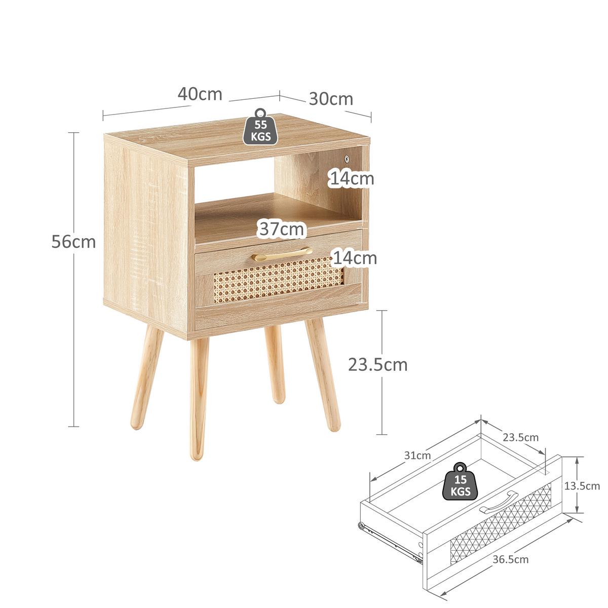NACHTTISCH mdf rattan naturholzoptik mit schublade - Naturfarben, Holzwerkstoff (40/55/30cm) - Urban Meuble