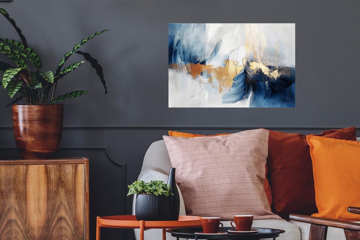 WANDTATTOO Gold - Blau - Aquarell - Kunst - Modern Deko Wohnzimmer 60x40 cm - Hellblau, Kunststoff (60/40/0.1cm) - MuchoWow