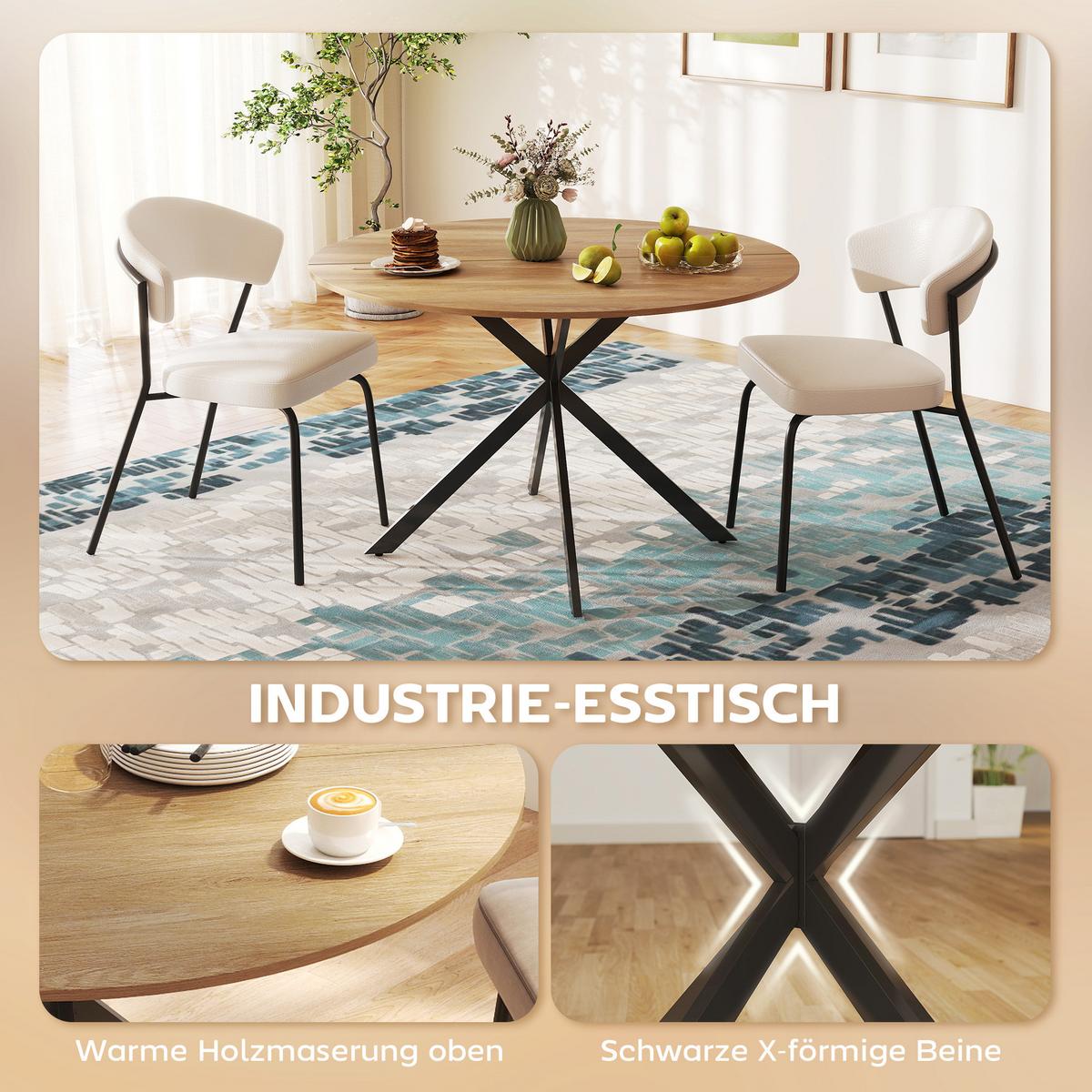 RUNDER Esstisch für 4 Personen, Ø120 cm Küchentisch im Industriestil, Eiche - Eichefarben, Metall (120/120/75cm) - HOMCOM