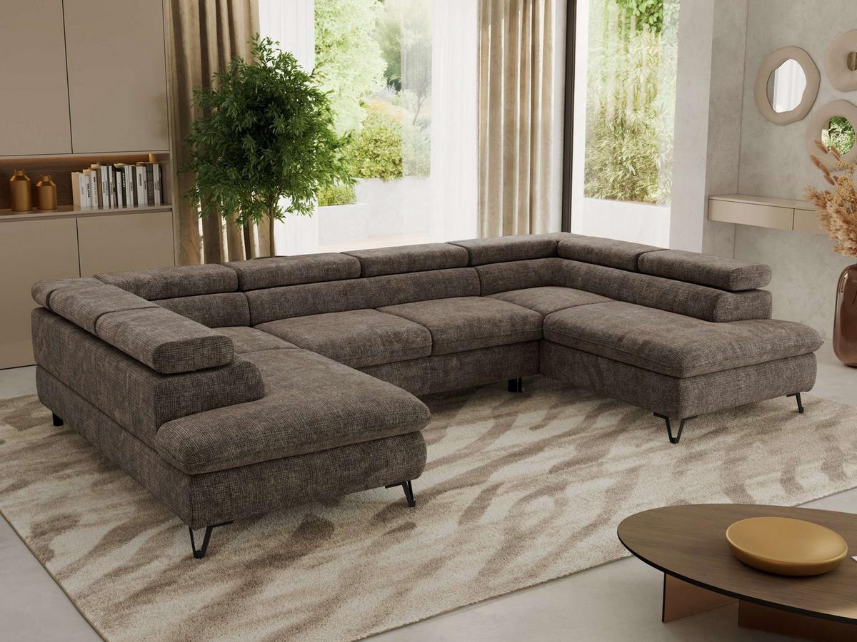 WOHNLANDSCHAFT PABLO U Schenille grob gewebt Braun mit Topper T25 - Schwarz/Braun, Textil/Metall (346/76/208cm) - MKS