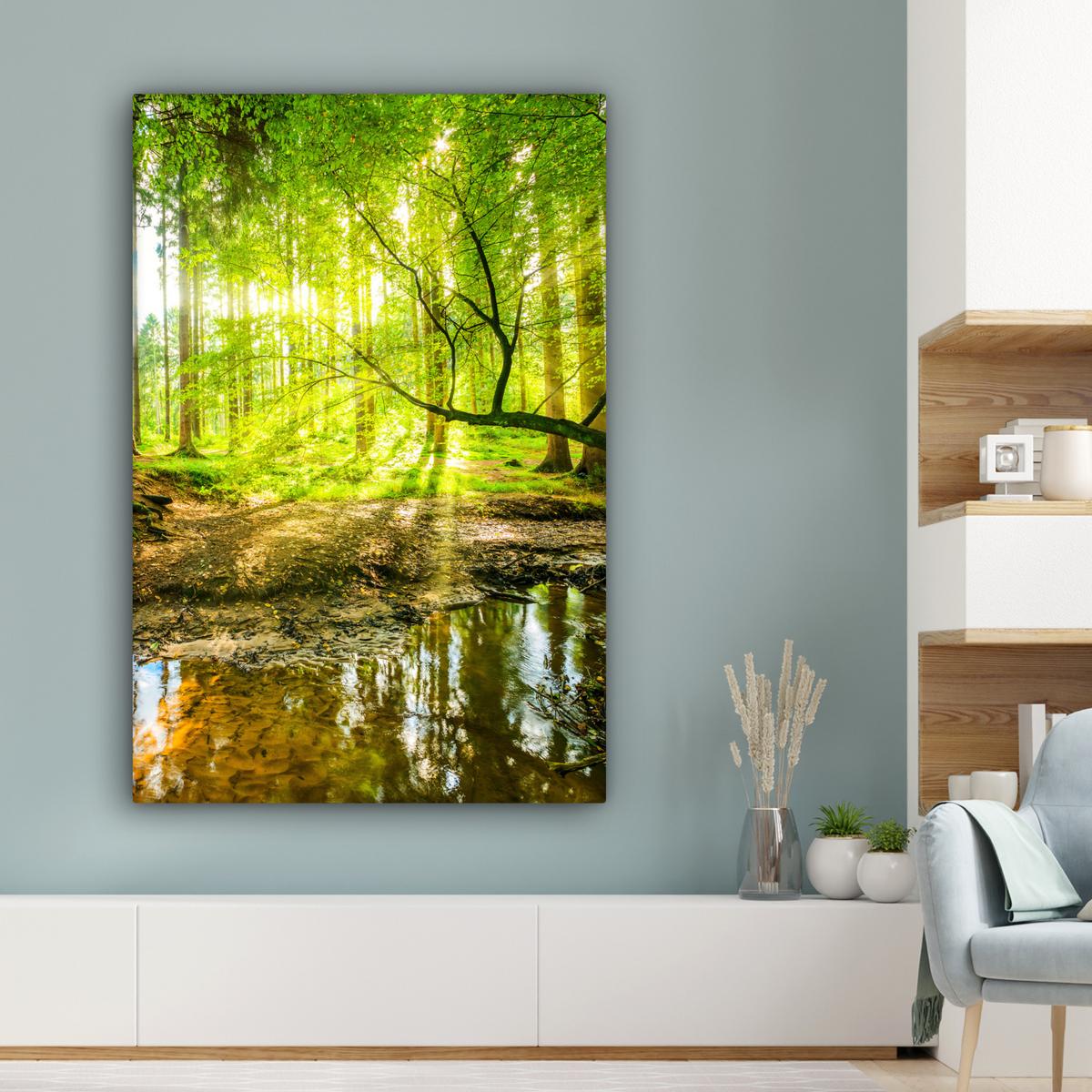 LEINWANDBILD Wald - Landschaft - Wasser - Bäume - Sonne - Grün - Natur Deko XXL 80x120 cm - Grün, Textil (80/120cm) - MuchoWow