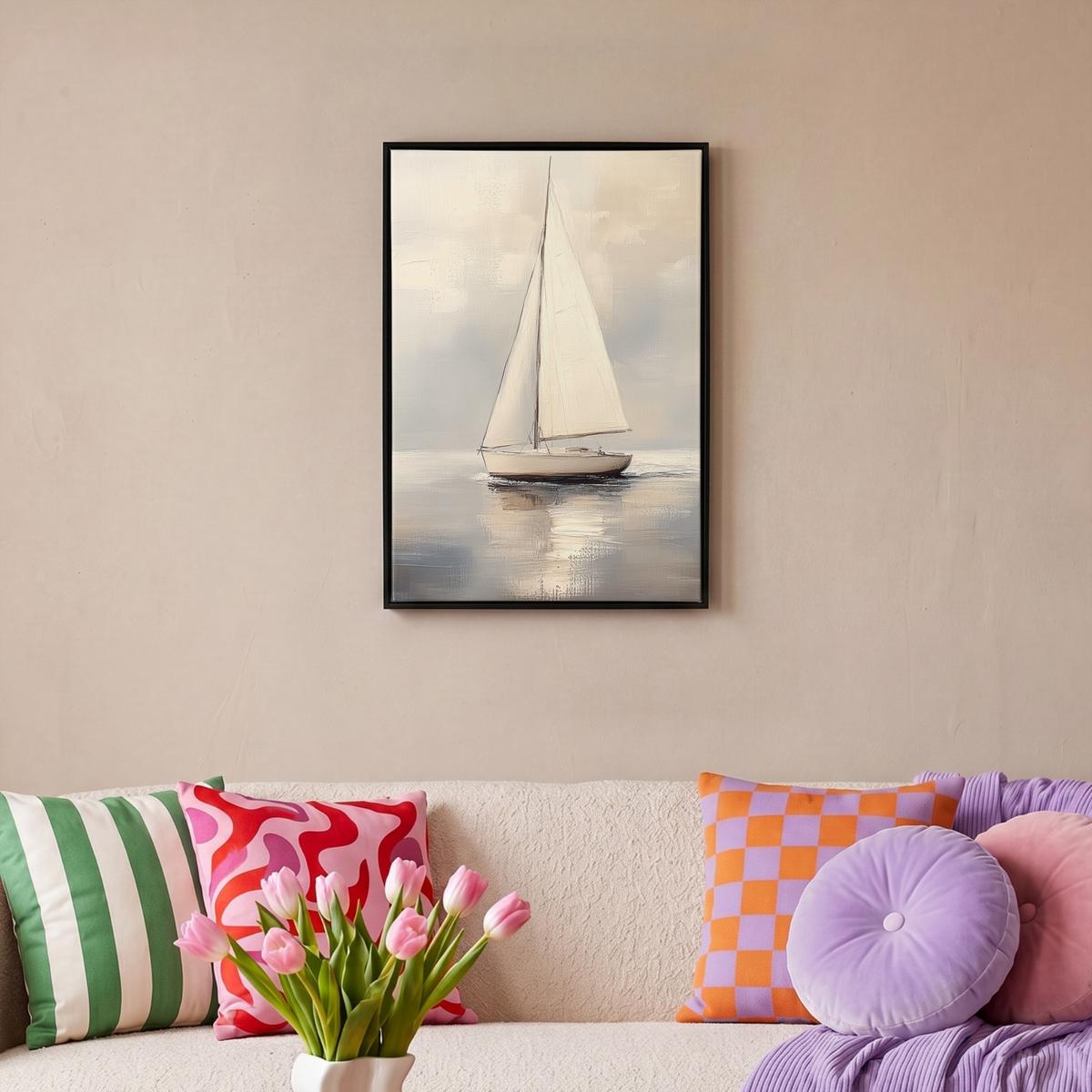 LEINWAND Bilder mit Rahmen - Segelschiff - Meer - Bewölkt - 40x60 - Creme, Textil (40/60cm) - MuchoWow