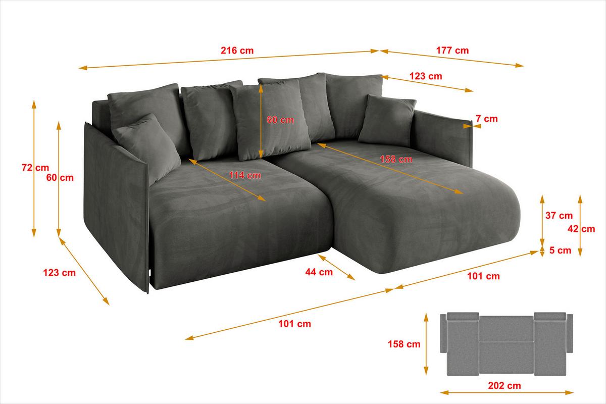 ECKSOFA Ottomane rechts ONESK-L 216x177x72 Dunkelgrau Velours - Dunkelgrau/Anthrazit, Holzwerkstoff/Kunststoff (177/216cm) - ALTDECOR