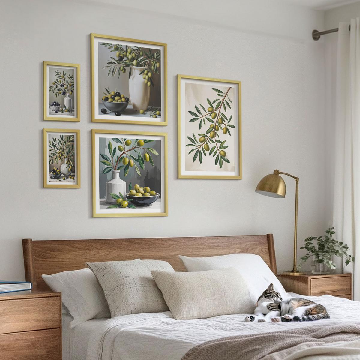 BILDER SET 5er Set - 50x50 cm & 20x30 cm & 40x60 cm Goldrahmen - Oliven in grauen Vasen - Goldfarben, Kunststoff (40/60cm) - TULUP