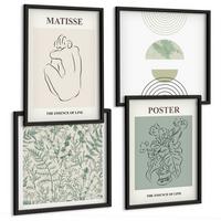 BILDER SET 4er Set - 50x50 cm & 40x60 cm Schwarzer Rahmen - Linien, Pflanzenmuster, Minimalismus - Schwarz, Kunststoff (50/50cm) - TULUP