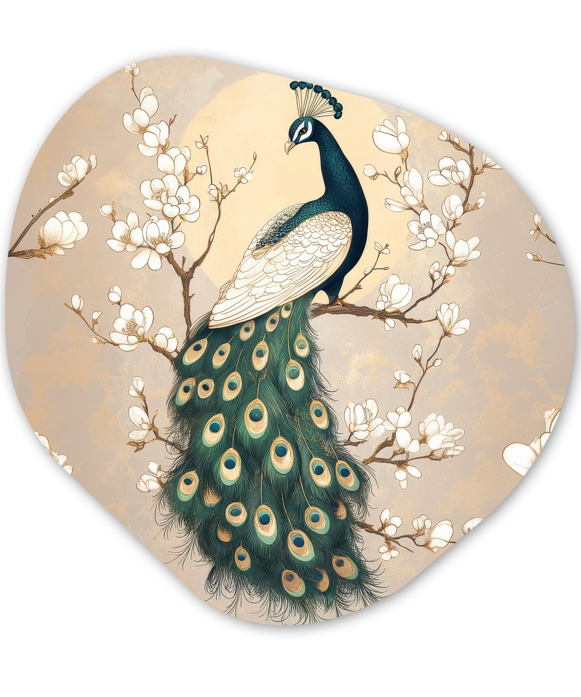 WANDBILD Pfau - Zweig - Blumen Wandbild 60x60 cm - Champagner, Kunststoff (60/60cm) - MuchoWow