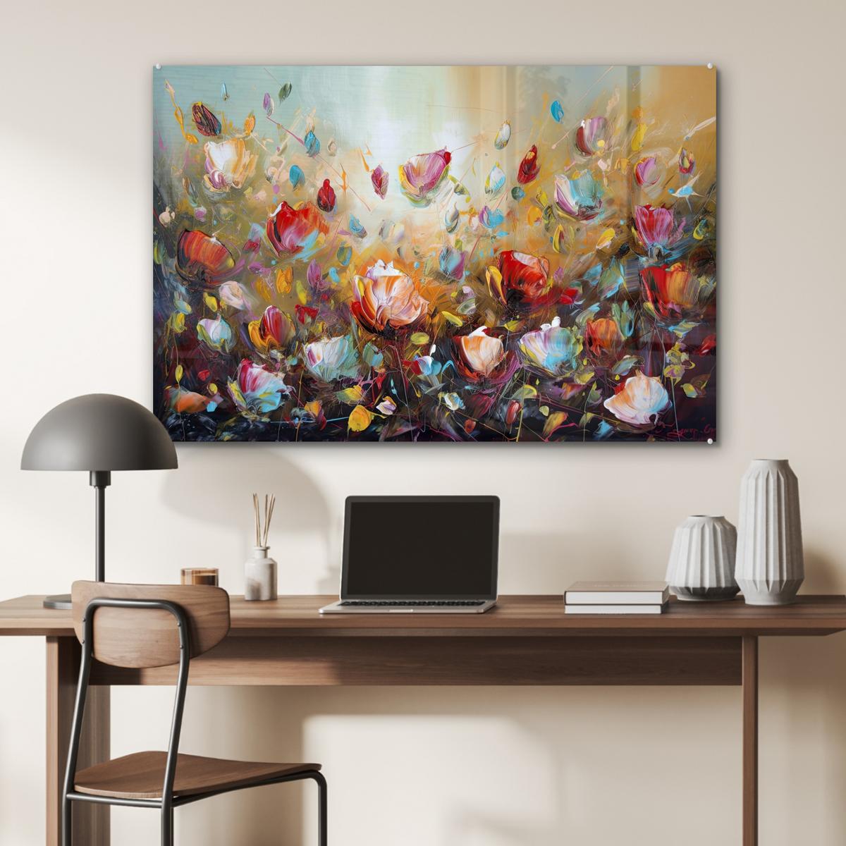 ACRYLGLASBILD Blumen - Kunst - Natur - Ölgemälde Room Decor 90x60 cm - Multicolor, Glas (90/60cm) - MuchoWow