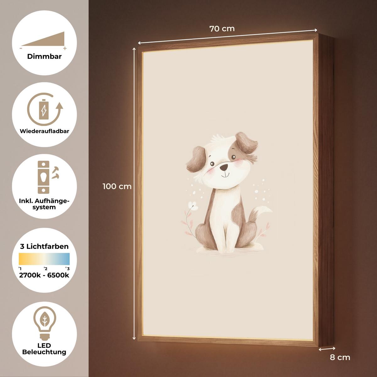 WANDLEUCHTE MIT AKKU Hund - Gefleckt - Braun 70x100 cm - Beige, Holzwerkstoff (70/100/8cm) - OnlyWow