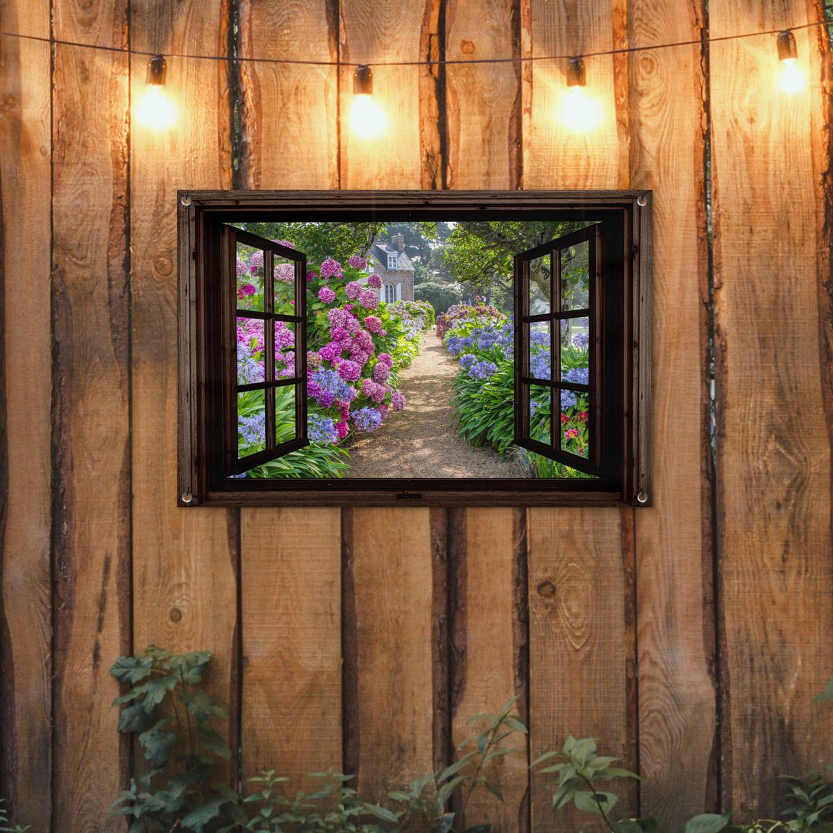 GARTENPOSTER Hortensie - Durchsichtig - Blumen - Lila - Natur - Dunkelbraunes Fenster Gartendeko 90x60 cm - Dunkelbraun, Kunststoff (90/60/0.2cm) - OnlyWow