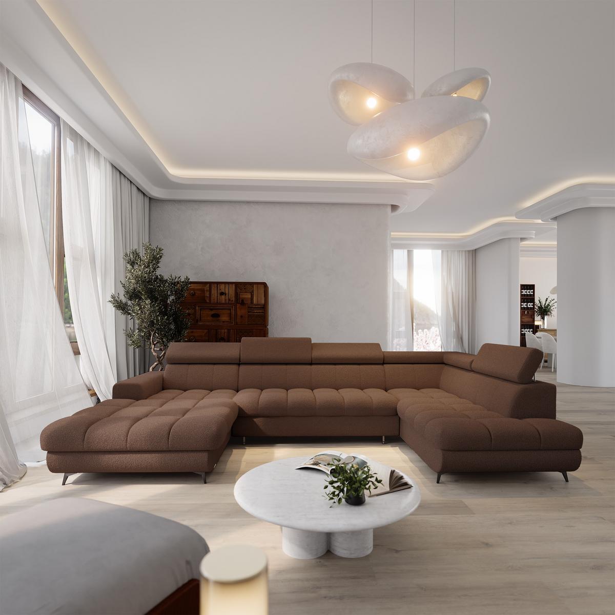 WOHNLANDSCHAFT CORENO Braun Boucle-Stoff mit Schlaffunktion - Braun, Holz (345/88/190cm) - MASSENO