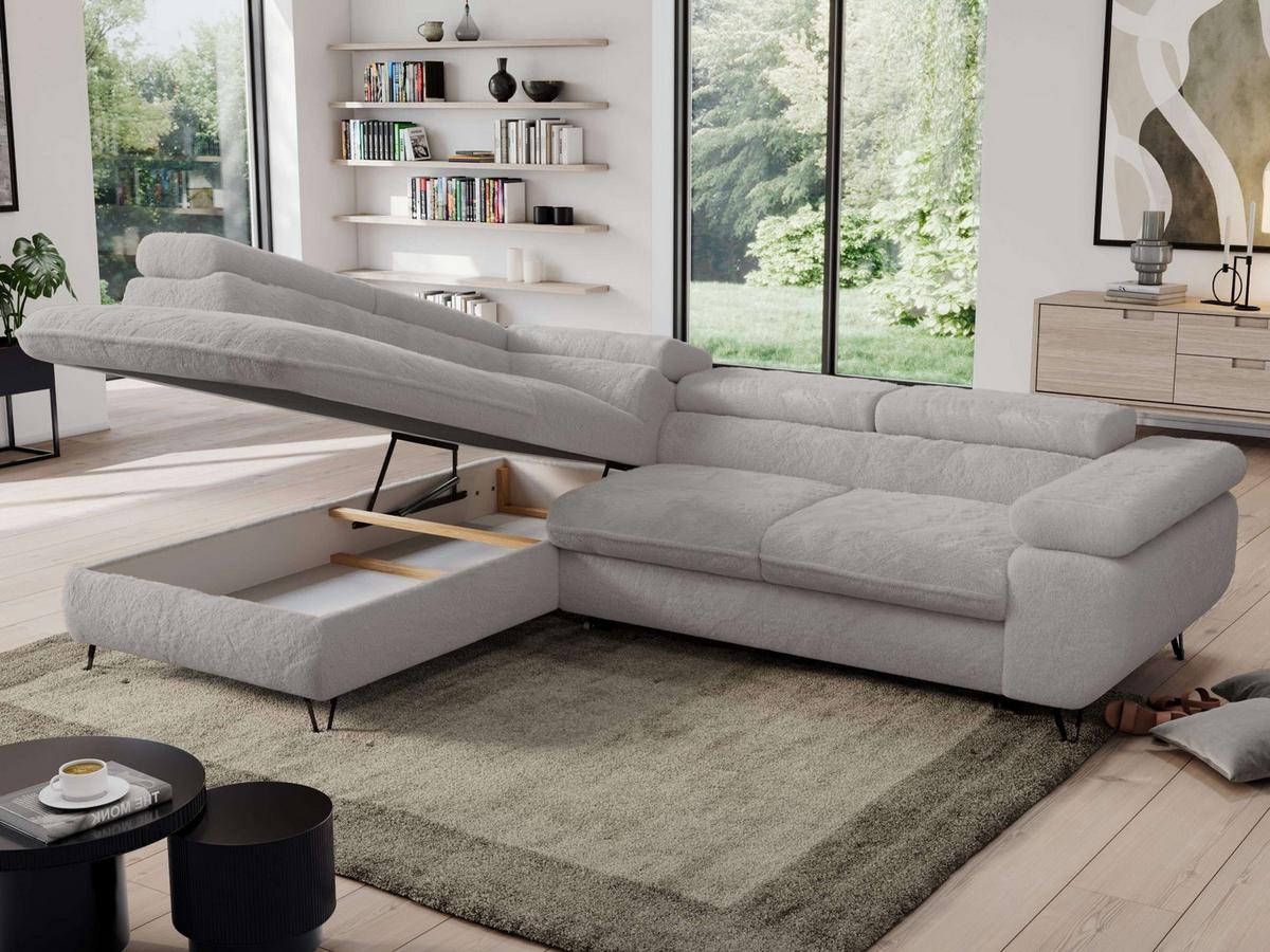ECKSOFA PEDRO L Hellgrau Plüsch - Links Seite - Hellgrau/Schwarz, Textil/Metall (208/273cm) - MKS