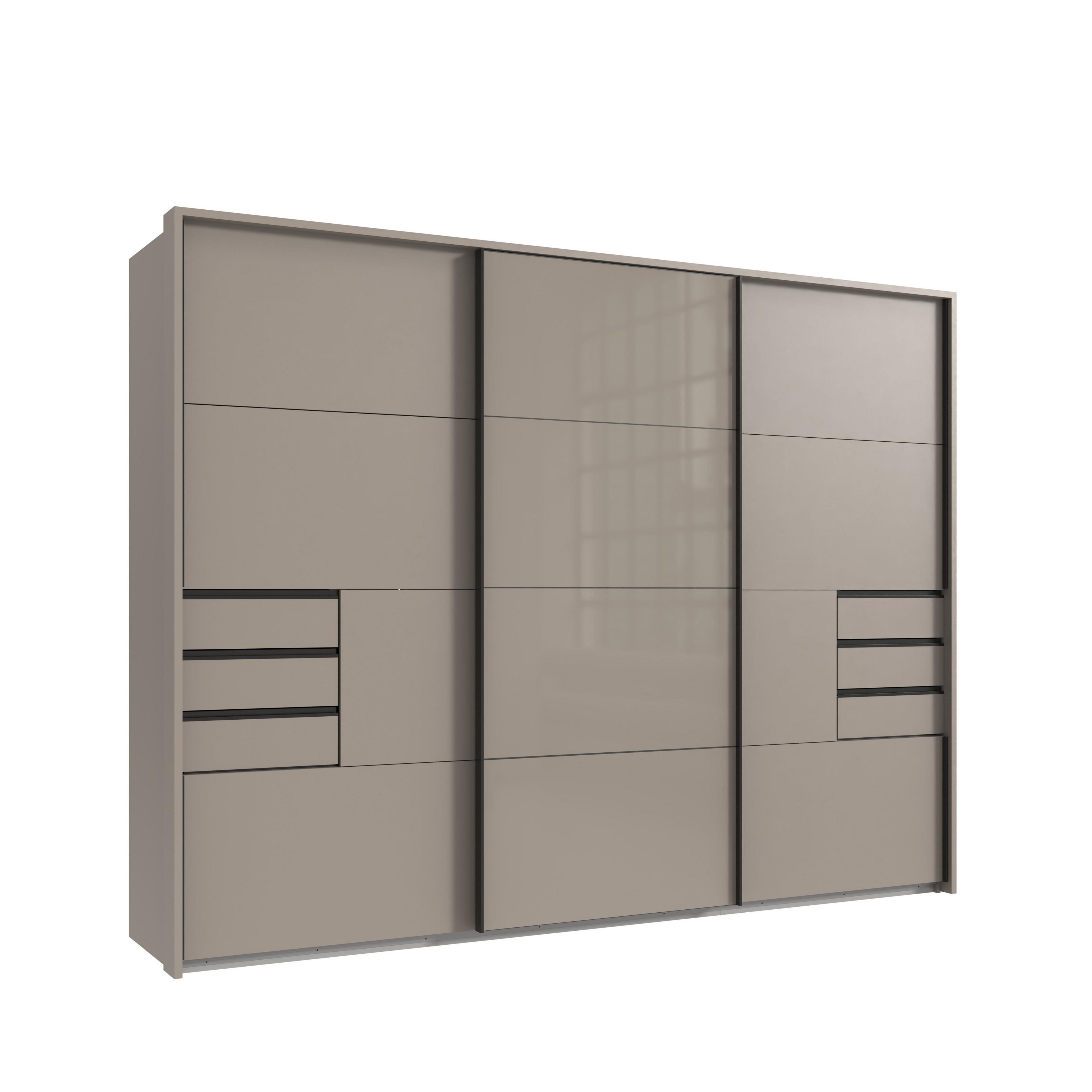 SCHWEBETÜRENSCHRANK 3-türig B273/H213/T64 cm, Sandgrau/Mitteltür Glas, Passepartout-Kleiderschrank mit Schubladen & Vollausstattung, / 22620 - Sandfarben/Schwarz, Holzwerkstoff/Metall (273/213/64cm) - luma-home