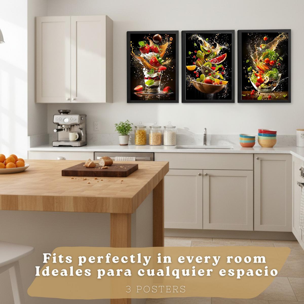 POSTER 3er Set Küchen-Wandbilder Dessert Salat und Obst Splash Fotografie Schwarzer Hintergrund Esszimmer Rahmenlos A4 - Klar, Papier (29.7/1/21cm) - Nacnic