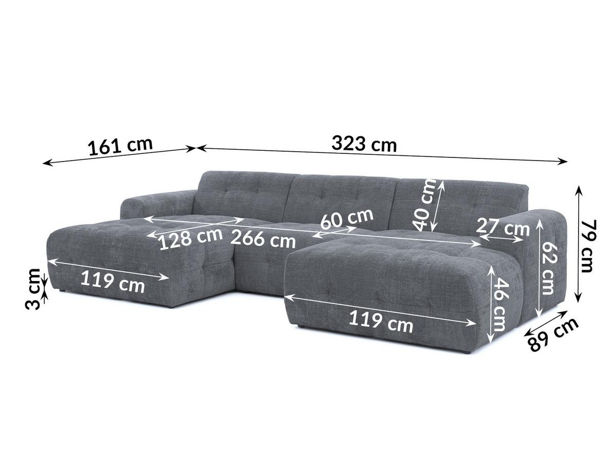 WOHNLANDSCHAFT in U-Form mit raffinierten Steppungen, 6-Sitzer, Wellenunterfederung, B323/T161/H79 cm, Chenille-Bezug in Grau / 21052 - Schwarz/Grau, Kunststoff/Textil (323/79/161cm) - luma-home