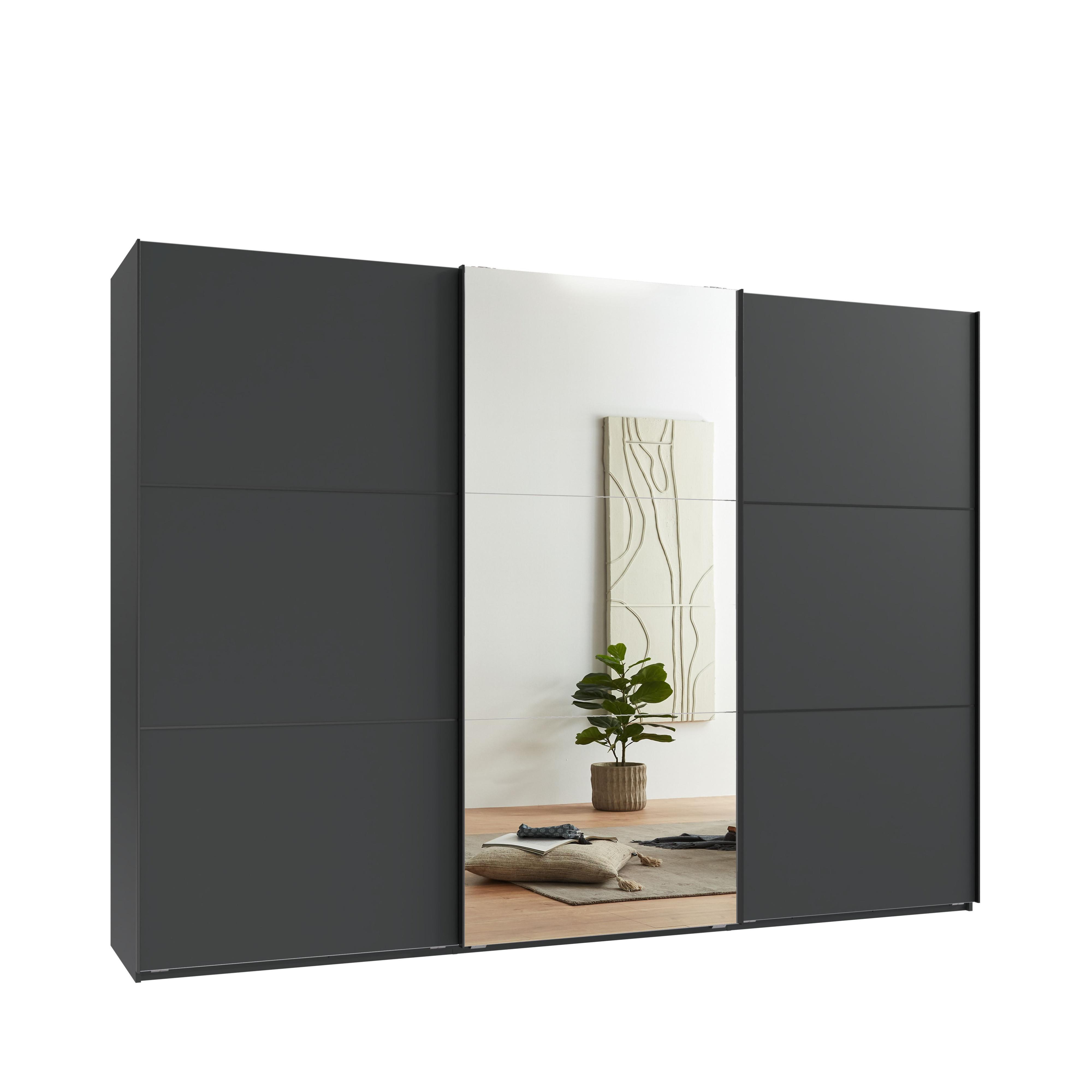 SCHWEBETÜRENSCHRANK 3-türig B300/H216/T65 cm in Anthrazit, eine Spiegeltür, Kleiderschrank inkl. Vollausstattung / 22021 - Anthrazit/Rot, Holzwerkstoff/Metall (300/216/65cm) - luma-home