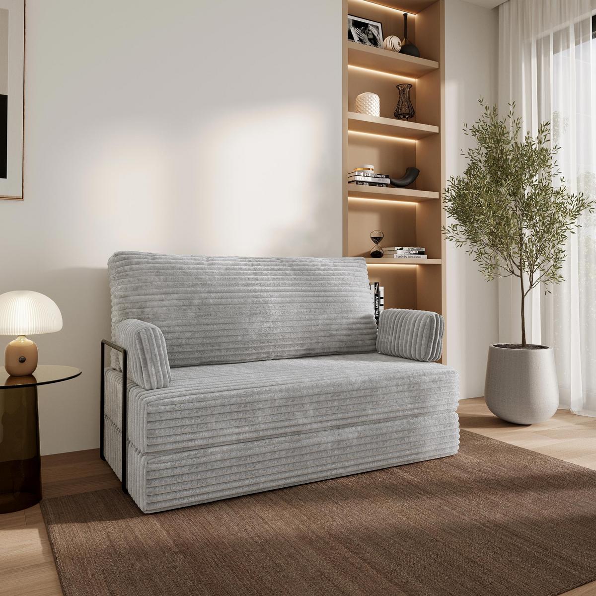 BETTSOFA LADIA aus Schaumstoff Kordstoff Hellgrau Schlaffunktion - Grau, Textil (140/86/60cm) - MASSENO