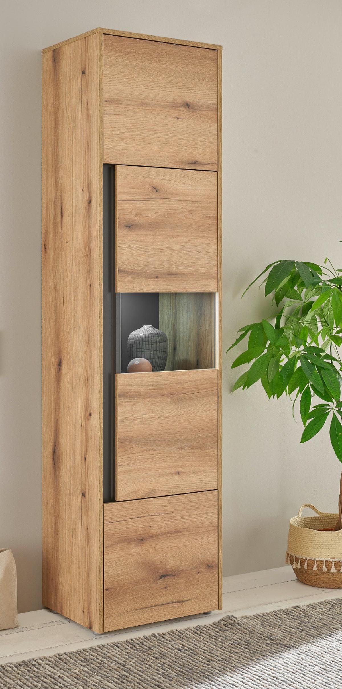 VITRINE Eiche Evoke 50 x 197 cm, Vitrinenschrank 3-türig mit 5 Fächern - Eichefarben/Schwarz, Glas/Holzwerkstoff (50/197/40cm) - Furn.Design