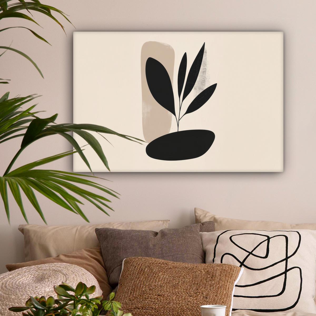 LEINWANDBILD Pflanze - Beige - Japanisch Gemälde 60x40 cm - Schwarz, Textil (60/40cm) - MuchoWow