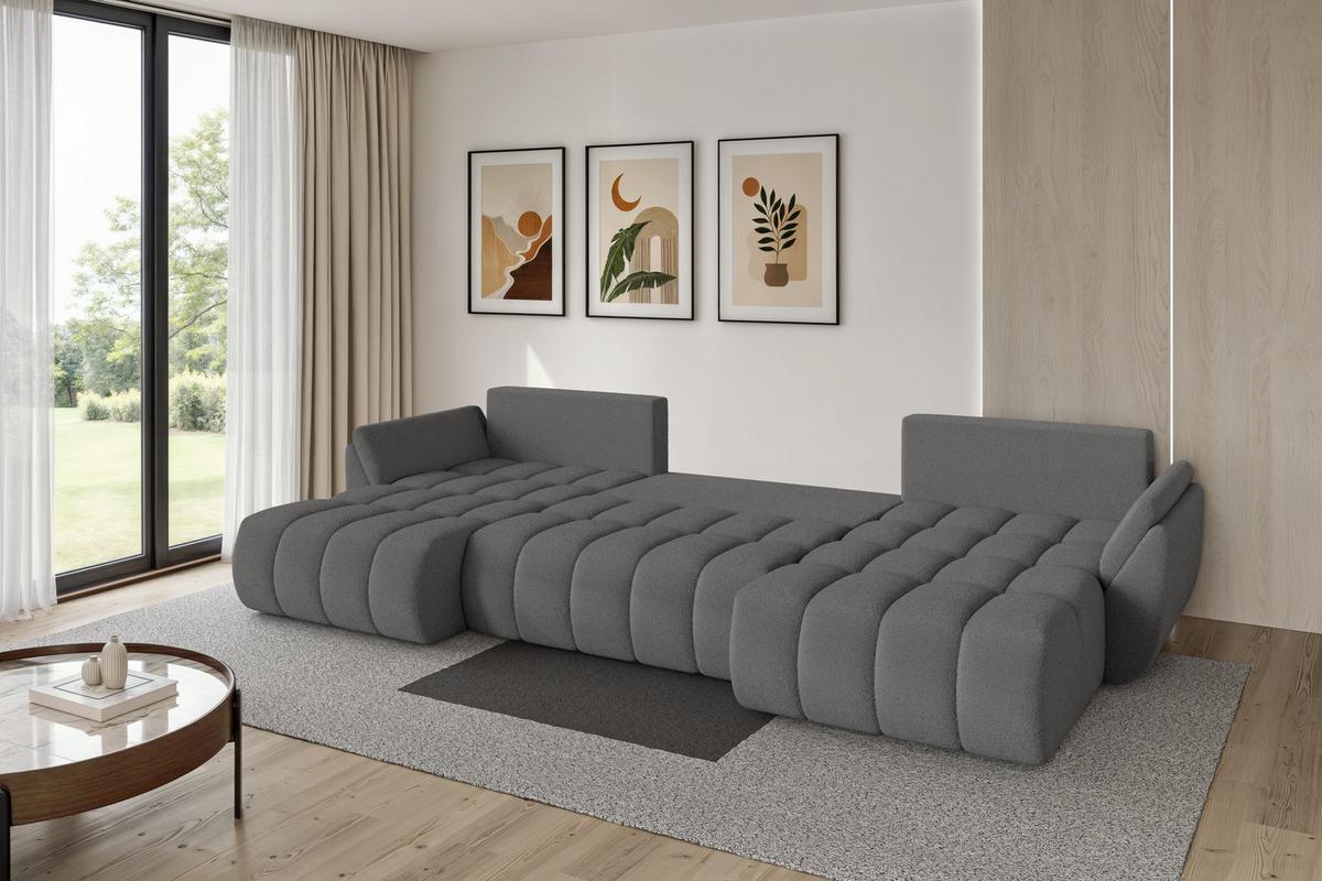 WOHNLANDSCHAFT mit Schlaffunktion und Bettkasten TOKO-U-v1 378x194x86 Grau Bouclé - Schieferfarben/Schwarz, Holzwerkstoff/Kunststoff (378/86/194cm) - ALTDECOR
