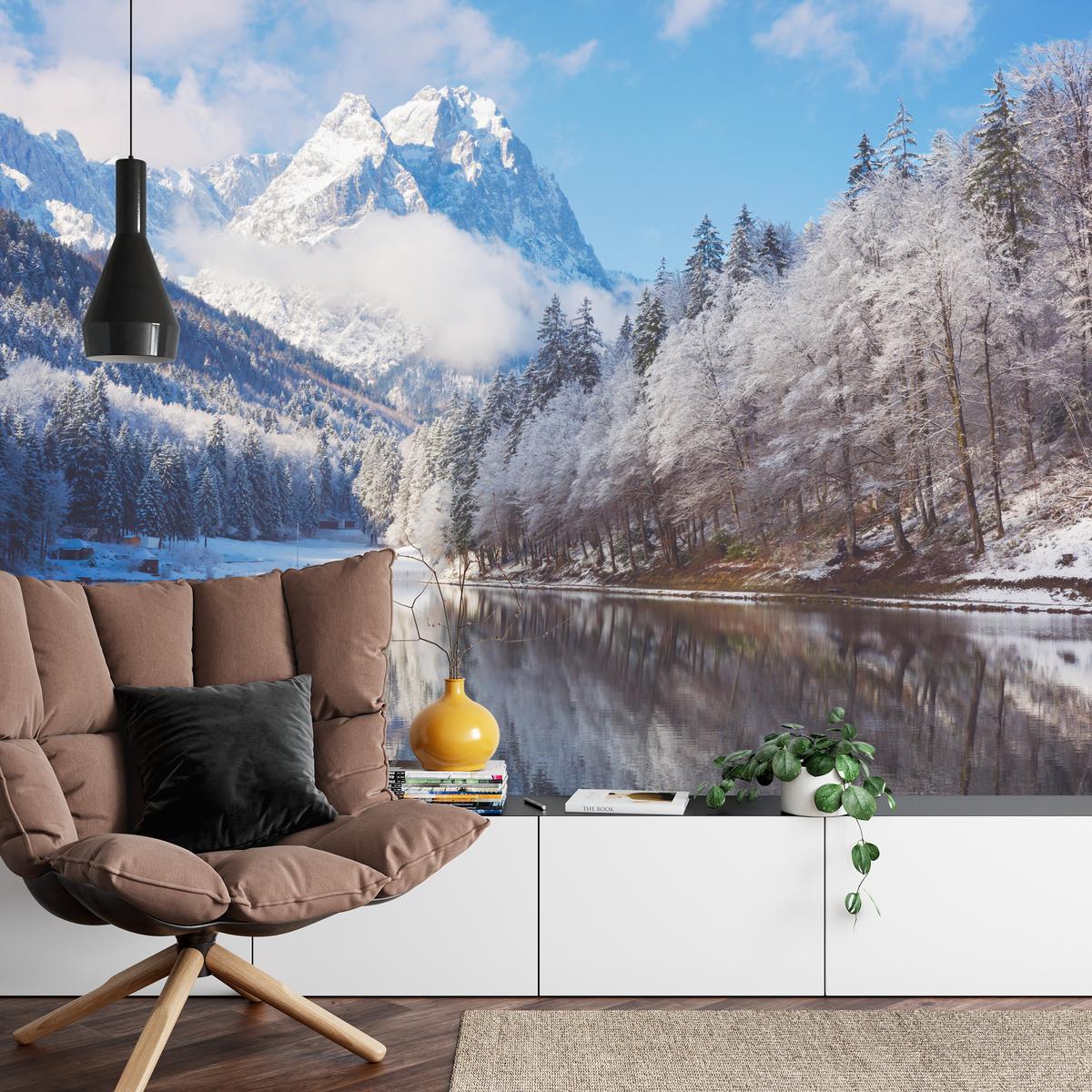FOTOTAPETE für Wohnzimmer Winterberglandschaft See Nadelwald Schnee 150x105 - Blau/Braun, Papier (150/105cm) - Muralo