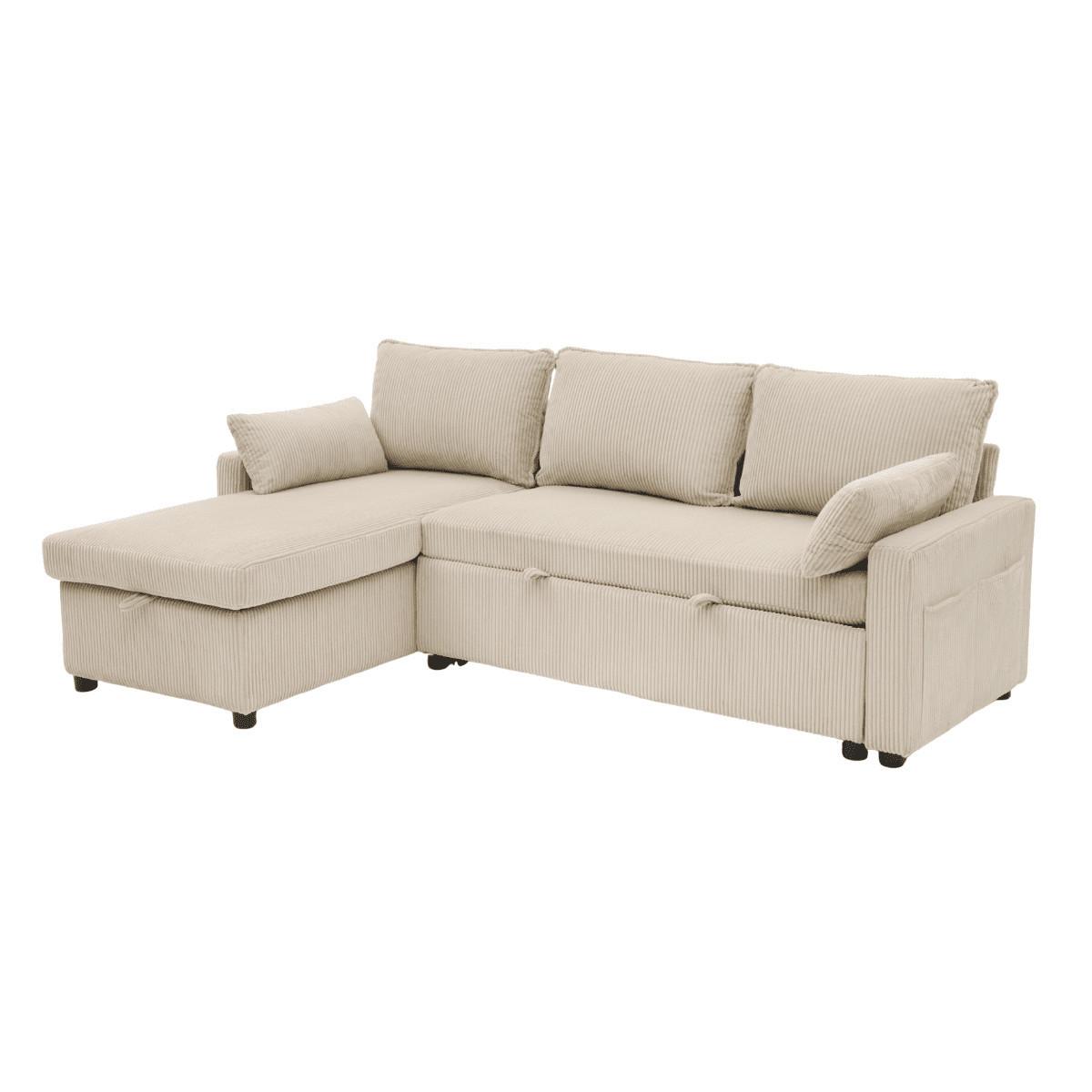 3-SITZER-SCHLAFSOFA in corduroy mit Chaiselongue 219/147/84 cm - Beige, Holz (147/84/66cm) - Calicosy