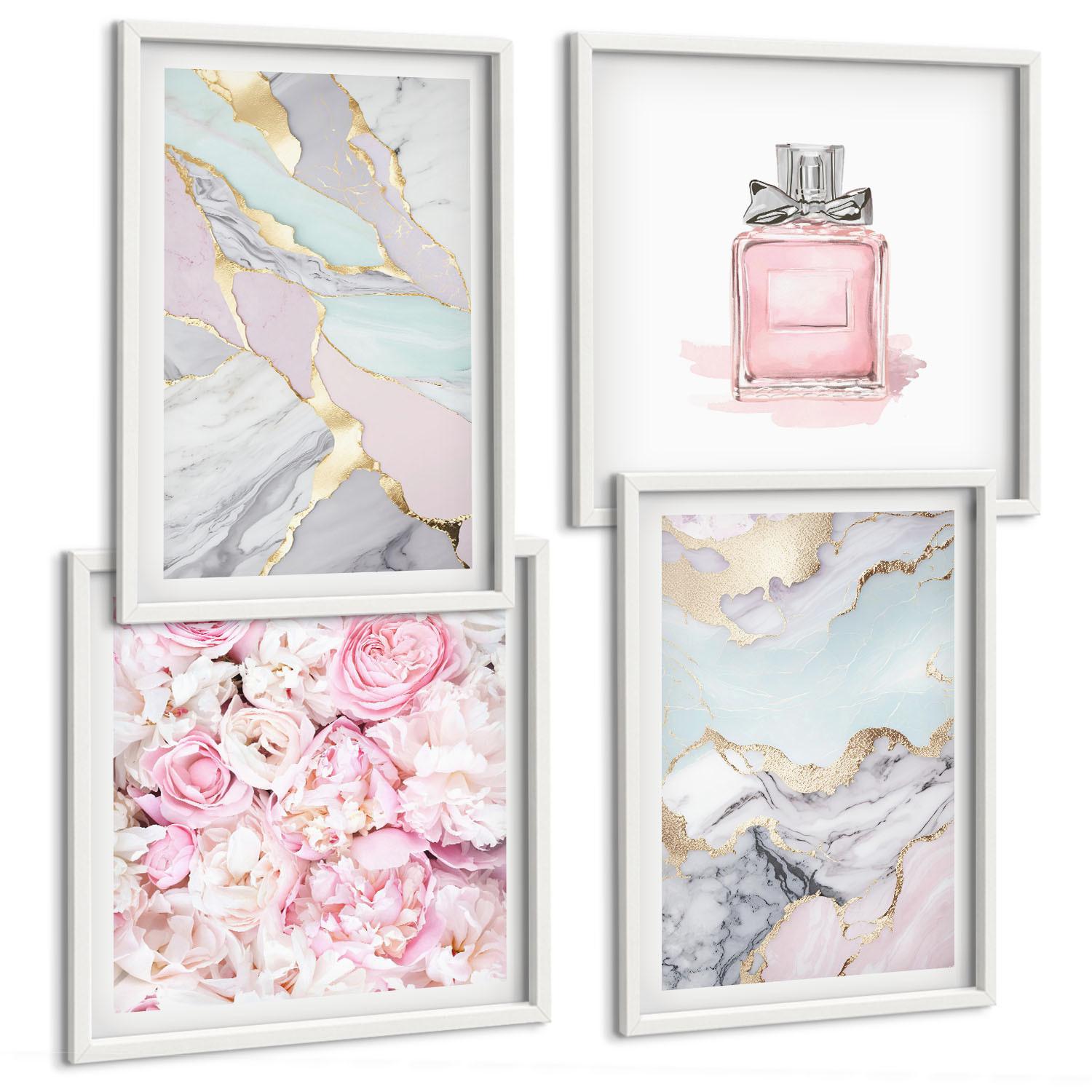 BILDER SET 4er Set - 50x50 cm & 40x60 cm Weißer Rahmen - Rosa Blumen Marmor Pastell - Weiß, Kunststoff (50/50cm) - TULUP