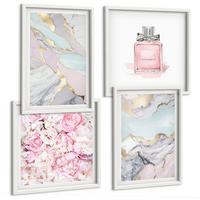 BILDER SET 4er Set - 50x50 cm & 40x60 cm Weißer Rahmen - Rosa Blumen Marmor Pastell - Weiß, Kunststoff (50/50cm) - TULUP