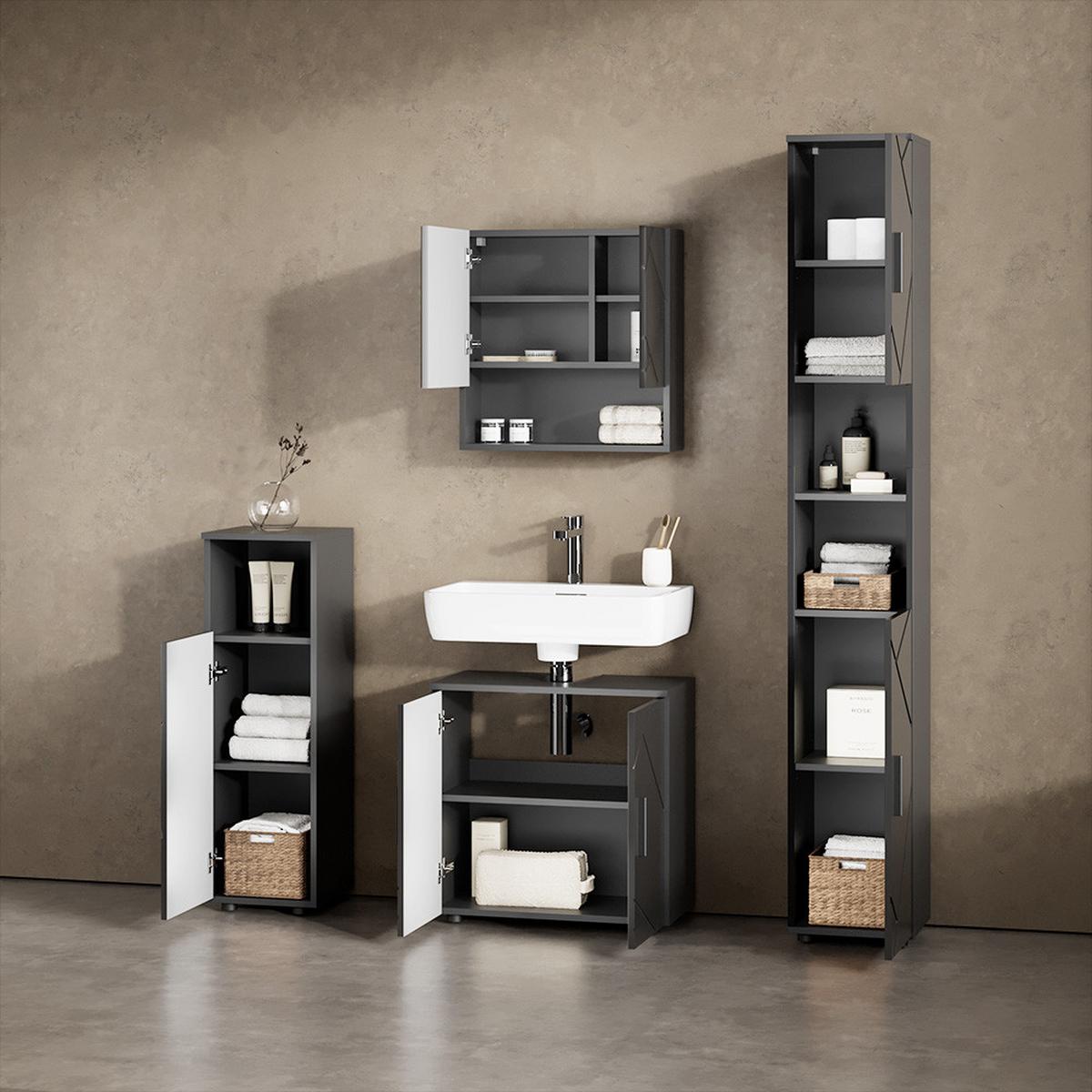 BADMÖBEL-SET Ronco Anthrazit Hochglanz 4 Teile, mit Hochschrank - Schwarz Hochglanz, Holzwerkstoff (60/192/30cm) - Livinity®