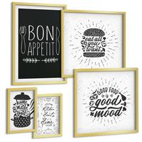 BILDER SET 5er Set - 50x50 cm & 20x30 cm & 40x60 cm Goldrahmen - Grafiken, Lebensmittel, kulinarische Slogans - Goldfarben, Kunststoff (40/60cm) - TULUP