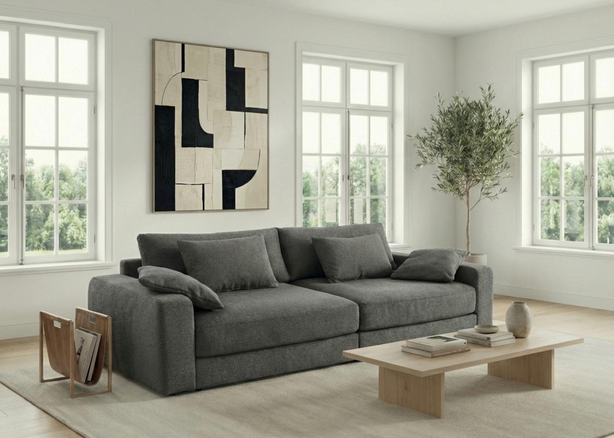 BIG-SOFA mit Federkern B290/T135/H90 cm extratief, Liegefläche 122x240 cm, Flachgewebe Dunkelgrau / 15248 - Dunkelgrau/Schwarz, Kunststoff/Textil (290/90/135cm) - luma-home