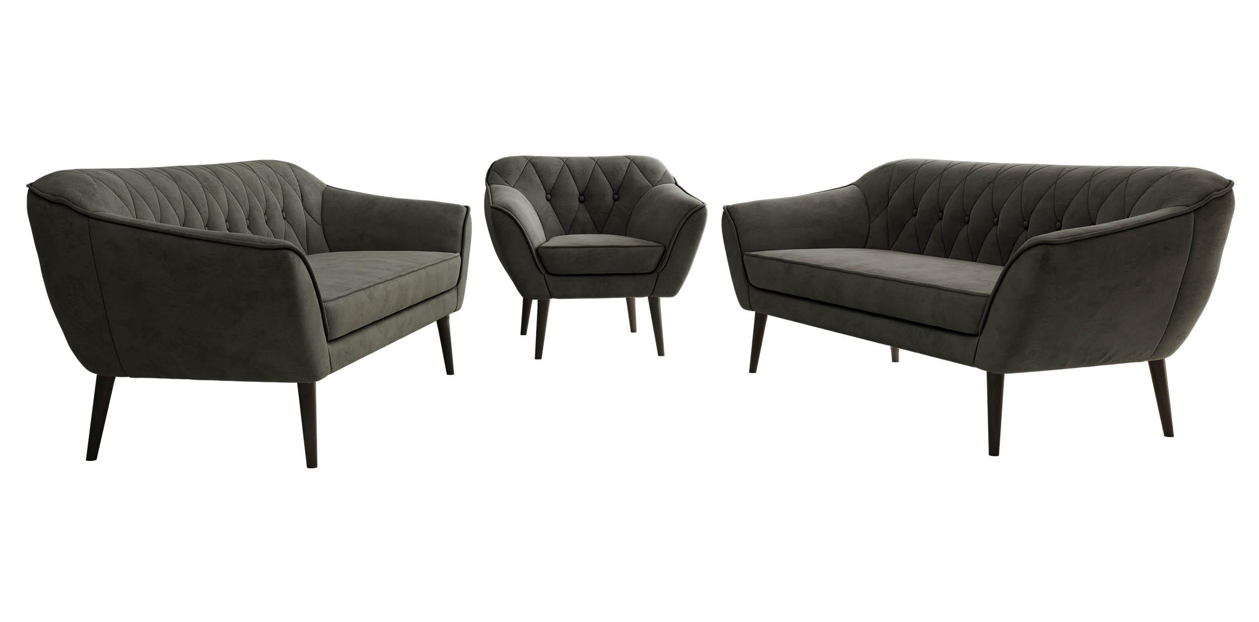 SITZGARNITUR PIRS 3+3+1 - Dunkelgrau Velvet - Schwarze Beine - Dunkelgrau/Schwarz, Holzwerkstoff/Textil (180/75/74cm) - MKS