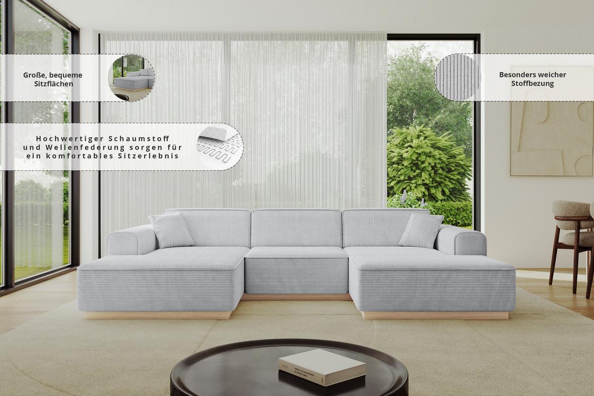 WOHNLANDSCHAFT IREA-U1 - 301x165x80 cm Hellgrau - Hellgrau, Holzwerkstoff/Textil (301/80/165cm) - ALTDECOR