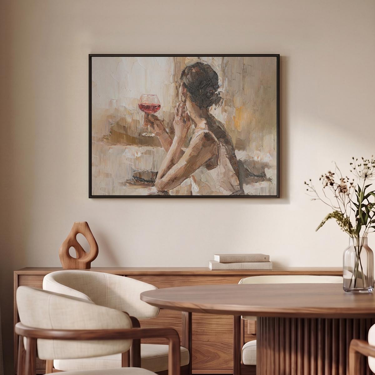 LEINWAND Bilder mit Rahmen - Ölgemälde - Frau - Wein - 70x50 - Hellbraun, Textil (70/50cm) - MuchoWow