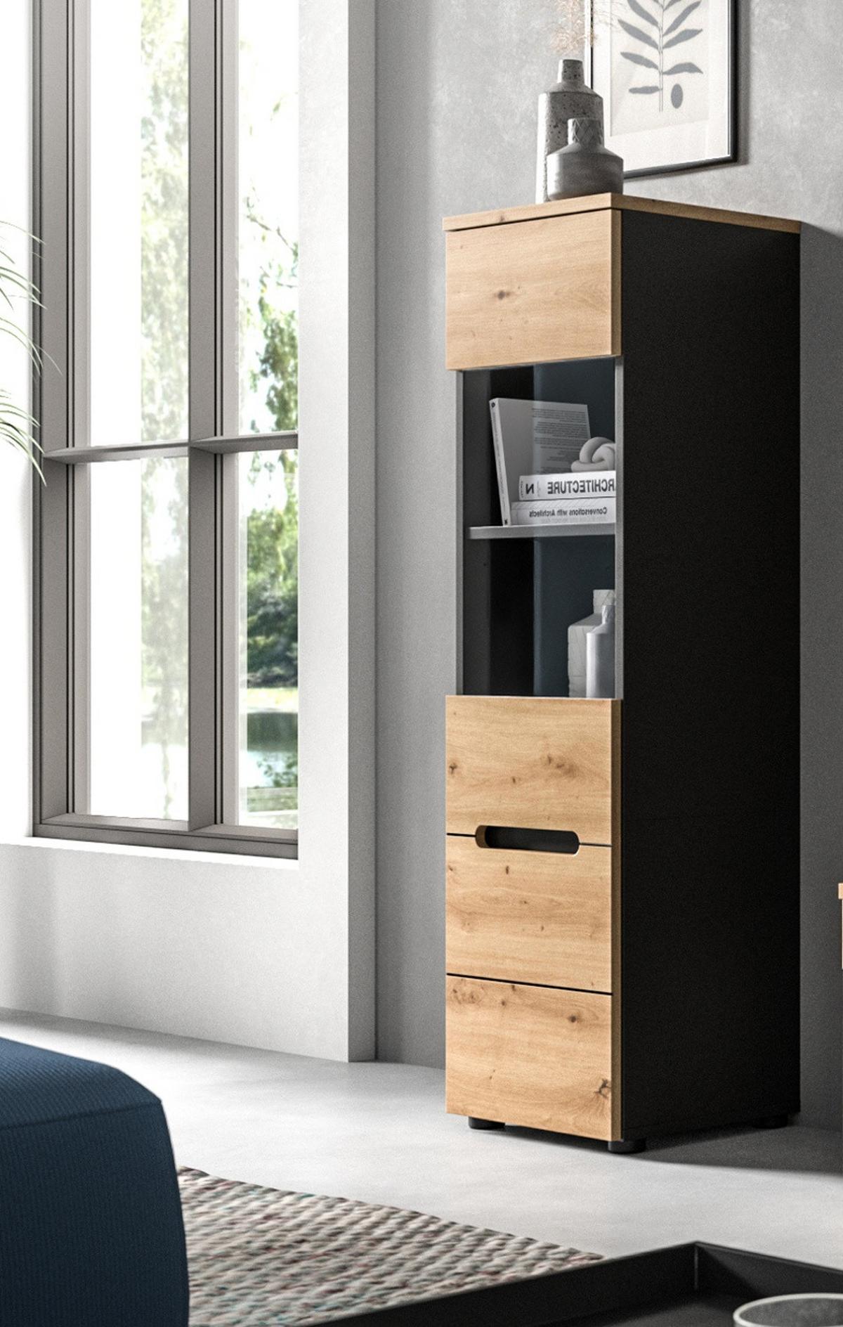VITRINE Eiche Artisan, grau, Vitrinenschrank hängend / stehend 36 x 125 cm, Soft-Close - Schwarz/Eiche Artisan, Glas/Holzwerkstoff (36/125/33cm) - Inn.Furn