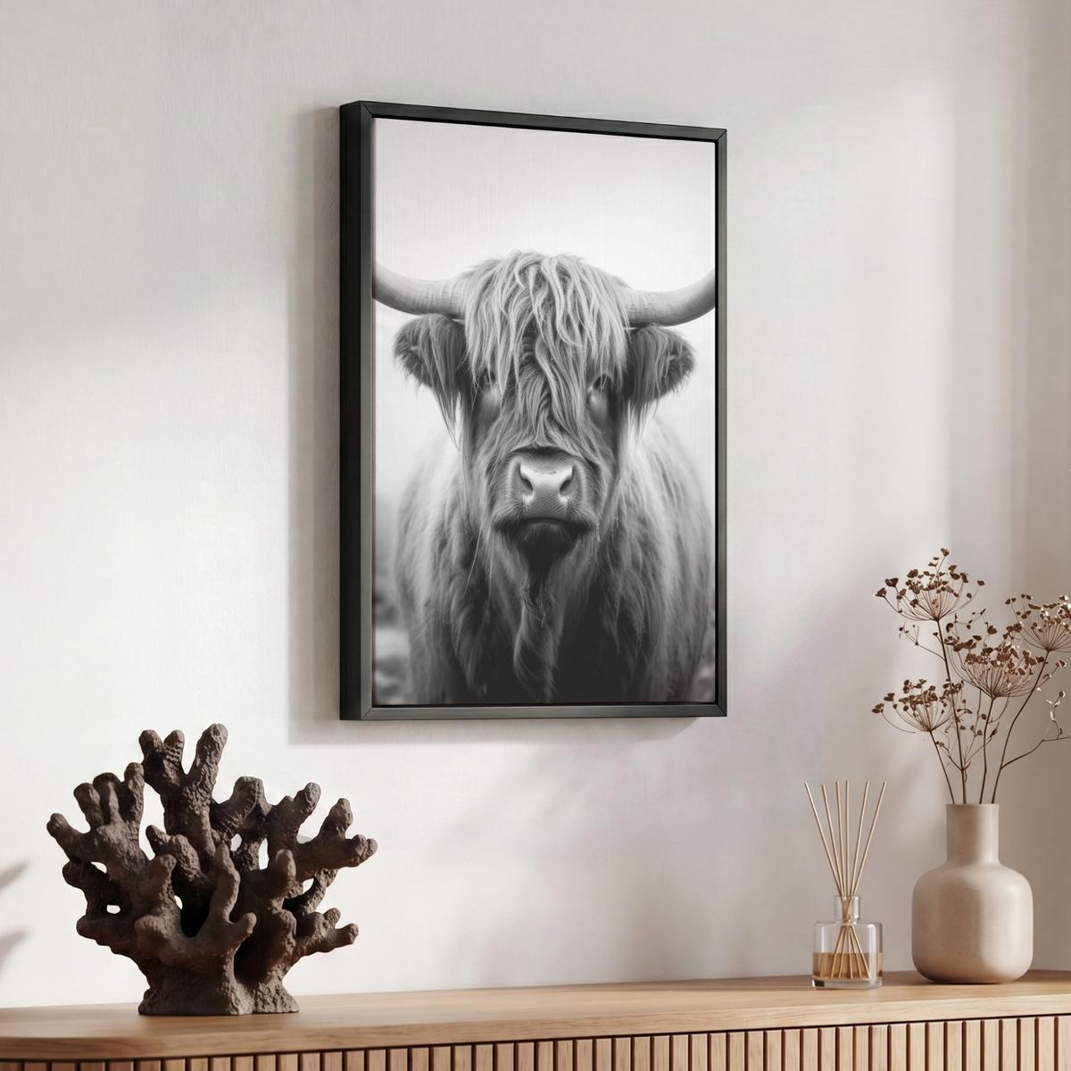 LEINWAND Bilder mit Rahmen - Schottischer Highlander - Nebel - Schwarz - Weiß - 30x40 - Grau, Textil (30/40cm) - MuchoWow