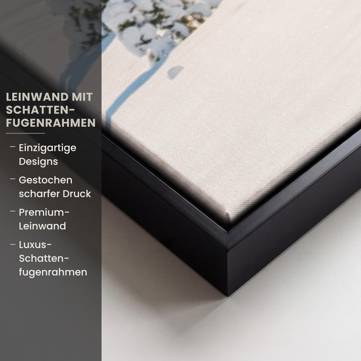 LEINWAND Bilder mit Rahmen - Winter - Hütte - Berge - Aussicht - Schnee - 120x80 - Eichefarben, Textil (120/80cm) - MuchoWow