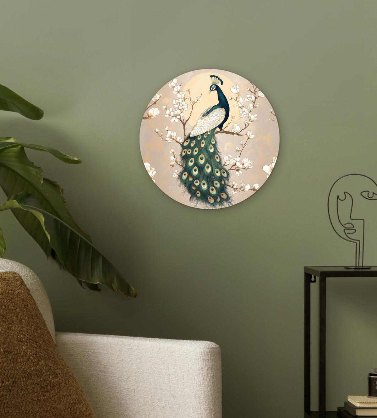 WANDBILD Pfau - Zweig - Blumen Deko Wohnzimmer 30x30 cm - Champagner, Kunststoff (30/30cm) - MuchoWow