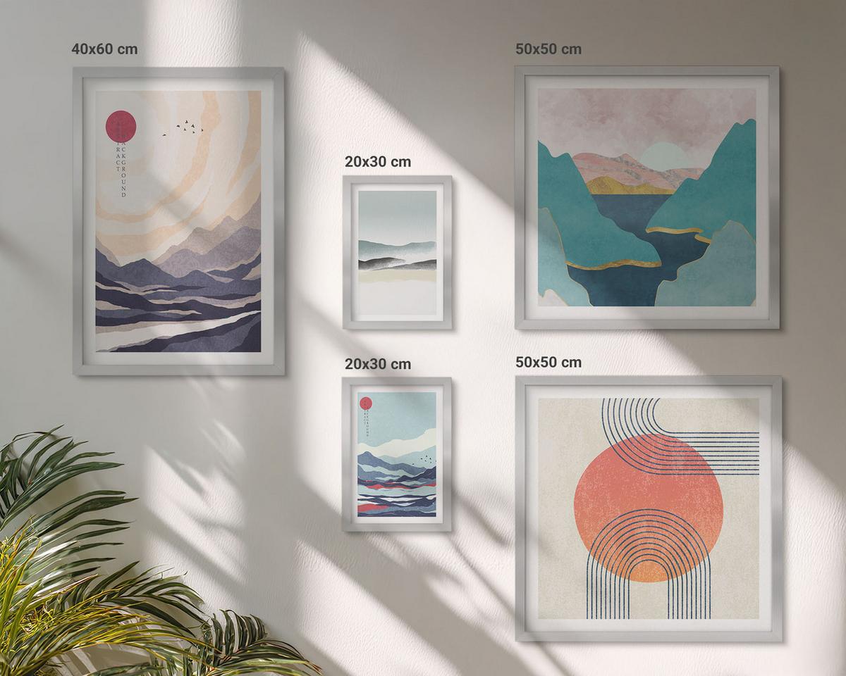 BILDER SET 5er Set - 50x50 cm & 20x30 cm & 40x60 cm Silberner Rahmen - Farbenfrohe Muster der Japandi-Flussberge - Silberfarben, Kunststoff (40/60cm) - TULUP