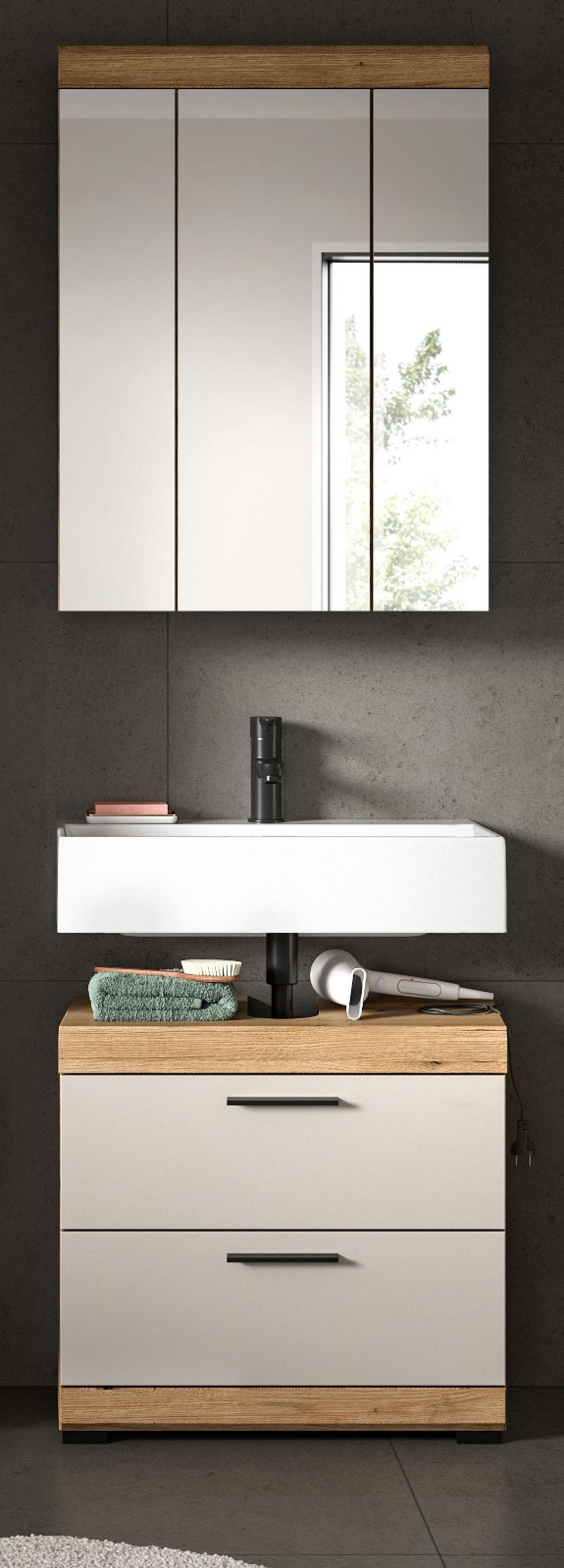 BADMÖBEL-SET Sand Kashmir, Evoke Eiche Badkombination 2-teilig 60 cm mit Schubladen - Kaschmir/Eichefarben, Glas/Holzwerkstoff (60/191/37cm) - Inn.Furn