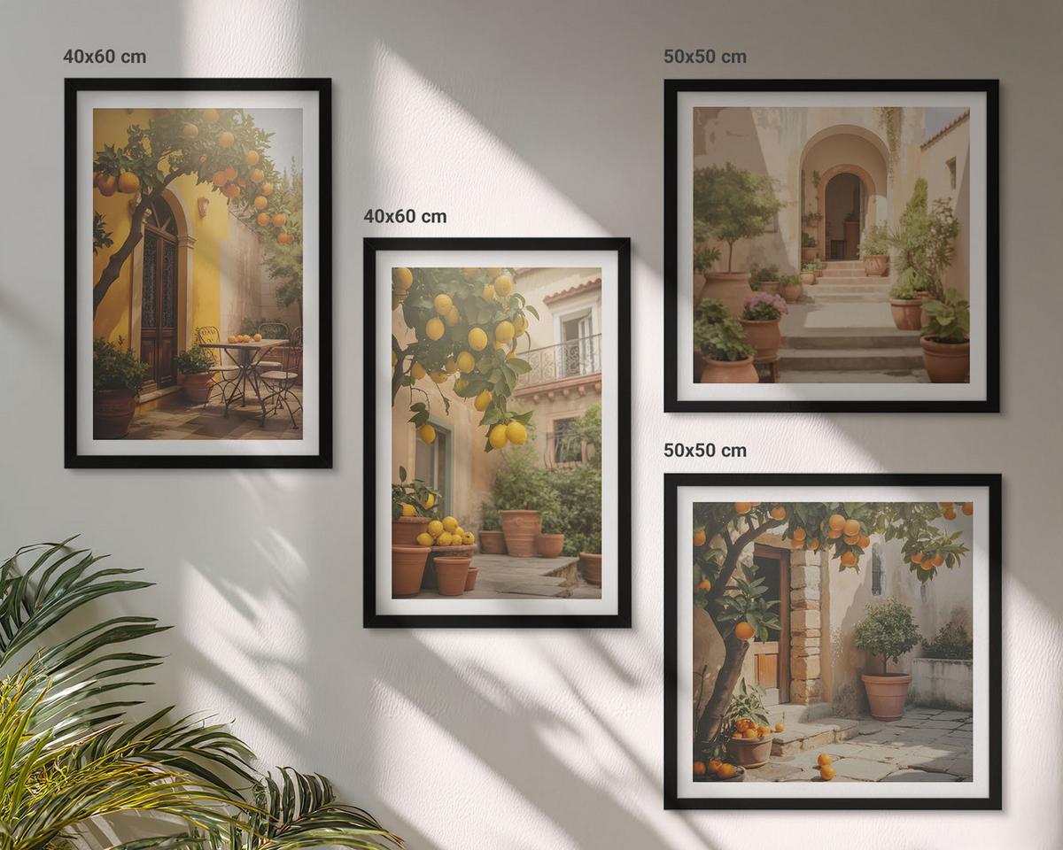 BILDER SET 4er Set - 50x50 cm & 40x60 cm Schwarzer Rahmen - Terrasse mit Zitrusbäumen - Schwarz, Kunststoff (50/50cm) - TULUP