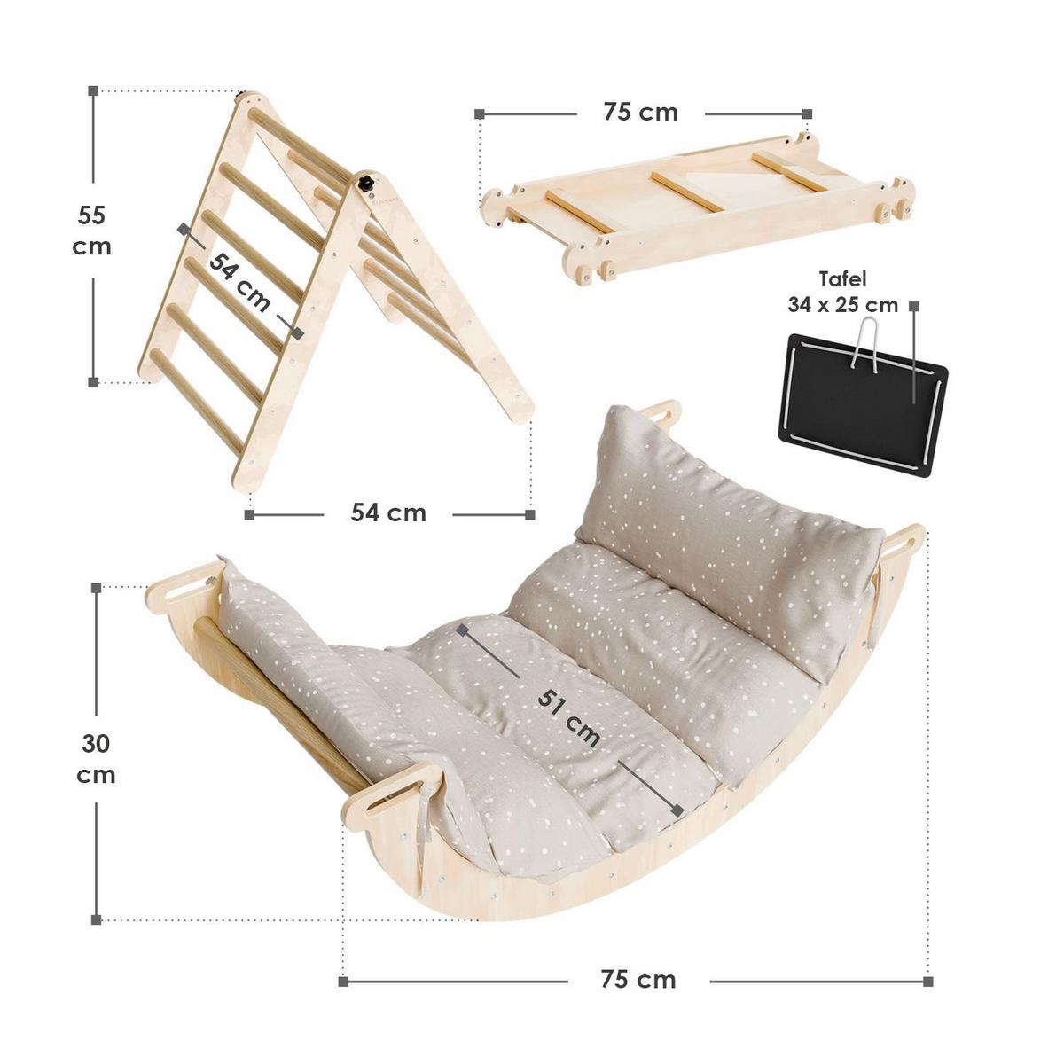 KLETTERDREIECK Movario mit Kissen 80x50cm - Klein - Naturfarben, Holz (54/55/54cm) - Juskys