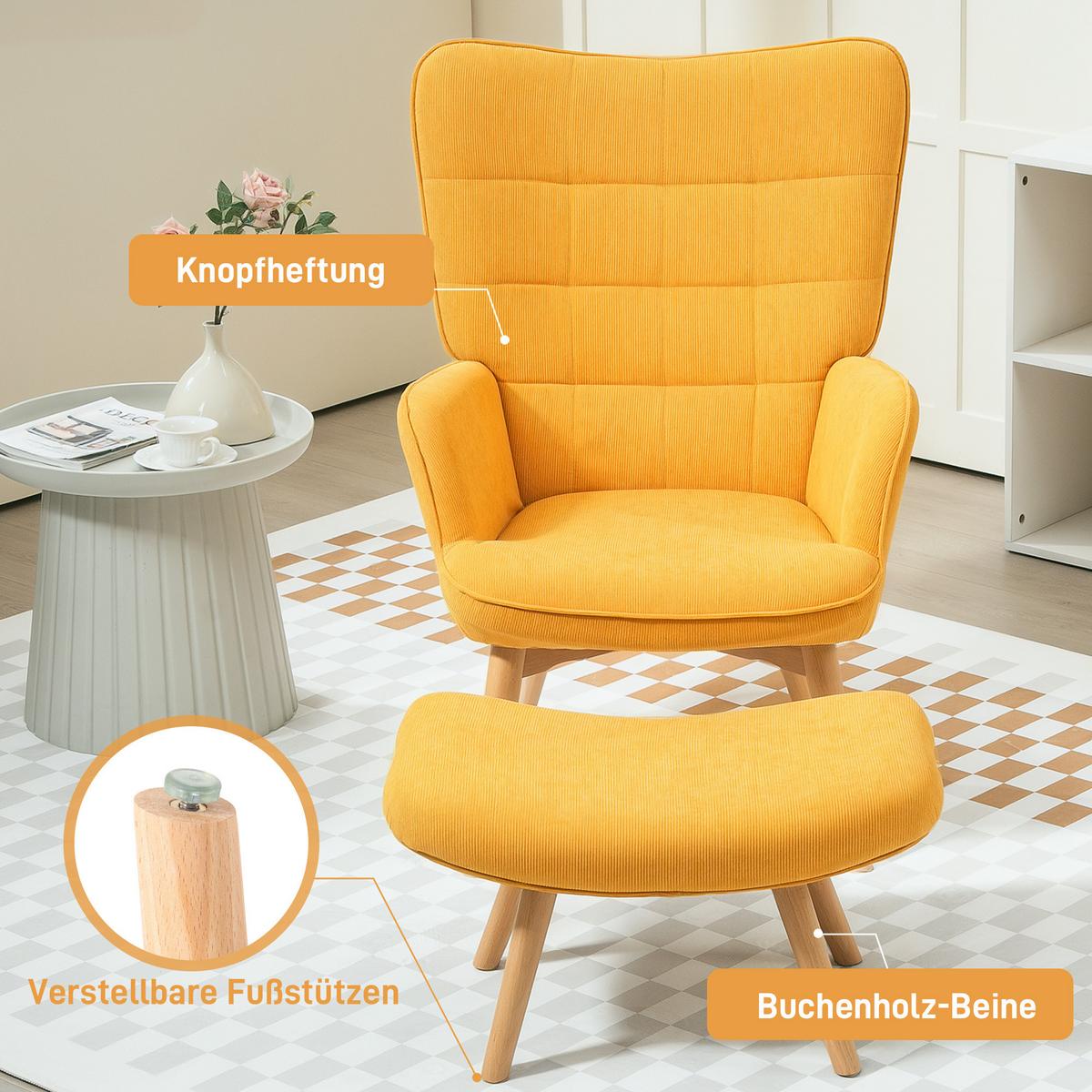 OHRENSESSEL mit Hocker, Relaxsessel, Polstersessel in Kordoptik, Loungesessel - Buchefarben/Orange, Holz/Buchenholz (80/101/72cm) - HOMCOM