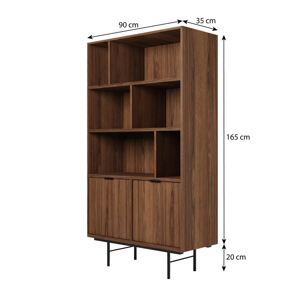 WOHNWAND Evron 2-teilig Bücherregal 90 cm + TV-Board 200 cm, Walnuss - Walnussfarben/Schwarz, Holzwerkstoff/Metall (200/185/35cm) - Beautysofa