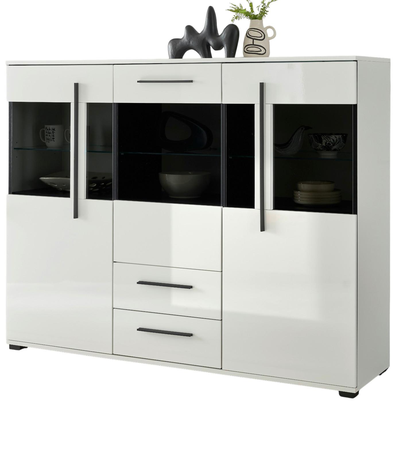 HIGHBOARD weiß Hochglanz 160 cm, Vitrine mit 11 Fächern, Soft-Close - Weiß Hochglanz/Schwarz, Glas/Holzwerkstoff (160/126/42cm) - Furn.Design